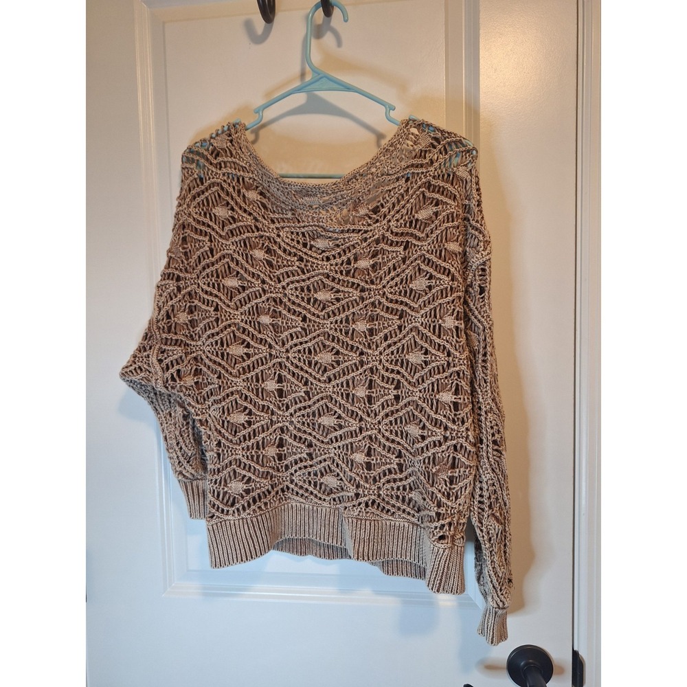 BKE Bohemian‎ Crochet Sweater Women's Taupe Open Knit Festival Top Size M EUC